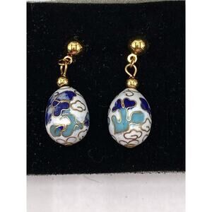 AVON Cloisonné Earrings Eggs White Blue Enamel Dangles surgical Steel Posts
